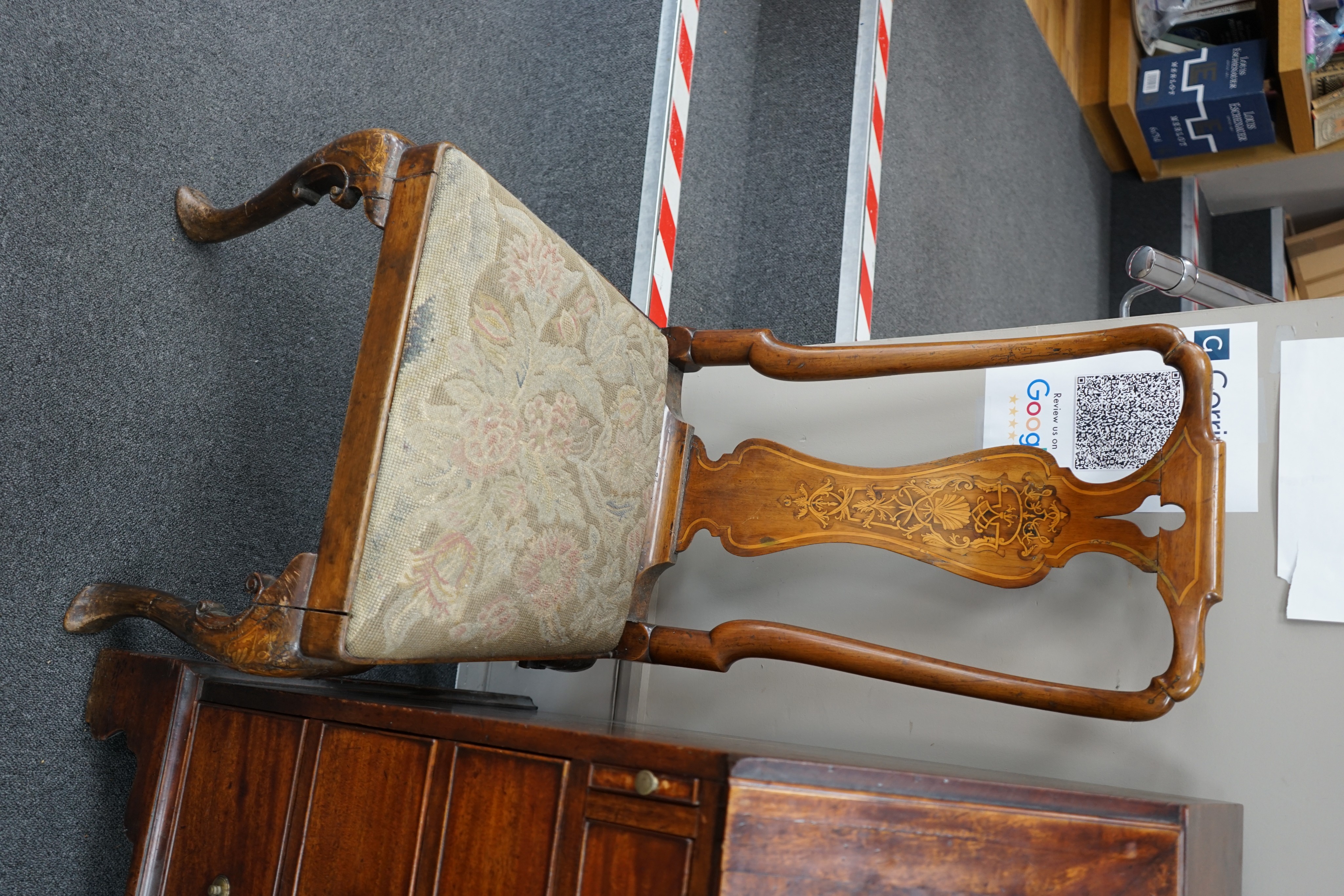 A pair of George I walnut and marquetry side chairs, c.1720, Restorations